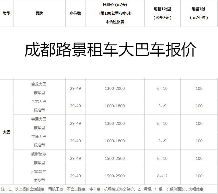 成都大巴车租车价格表