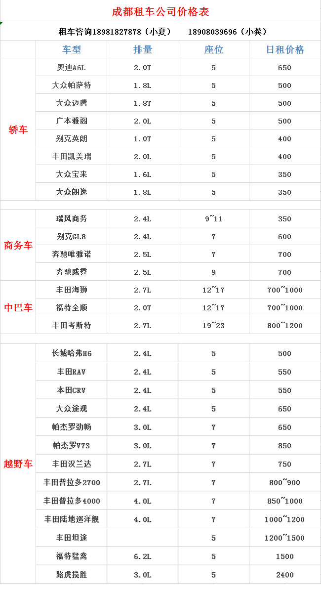 成都汽车租赁价格表